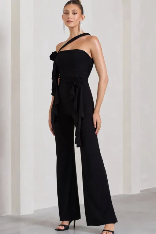 Tia | Black Asymmetric Sleeveless Flared-Leg Jumpsuit With Flowers