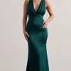 Tiffany | Bottle Green Satin Plunge-Neck Maxi Dress