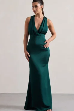 Tiffany | Bottle Green Satin Plunge-Neck Maxi Dress