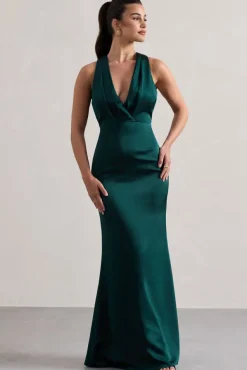Tiffany | Bottle Green Satin Plunge-Neck Maxi Dress