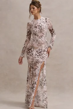 Tigerlily | Leopard Print Mesh Long-Sleeve Open-Back Maxi Dress