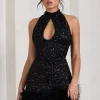Tillie | Black Sequin High Neck Trapeze Mini Dress With Feather Hem Detail
