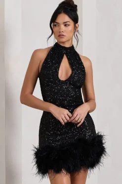 Tillie | Black Sequin High Neck Trapeze Mini Dress With Feather Hem Detail