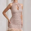 Tillie | Champagne Sequin High Neck Trapeze Mini Dress With Feather Hem Detail
