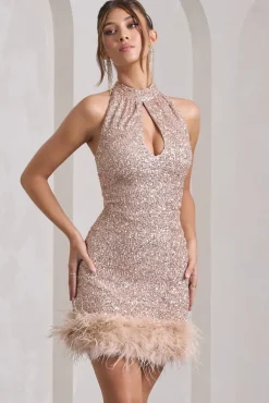 Tillie | Champagne Sequin High Neck Trapeze Mini Dress With Feather Hem Detail