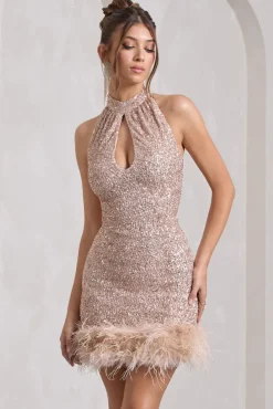 Tillie | Champagne Sequin High Neck Trapeze Mini Dress With Feather Hem Detail
