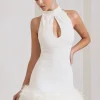Tillie | White Sequin High Neck Trapeze Mini Dress With Feather Hem Detail