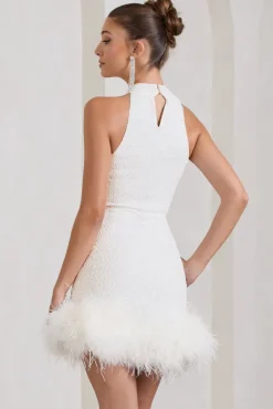 Tillie | White Sequin High Neck Trapeze Mini Dress With Feather Hem Detail