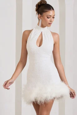 Tillie | White Sequin High Neck Trapeze Mini Dress With Feather Hem Detail