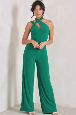 Tilly | Green Cut Out Halterneck Asymmetrical Jumpsuit