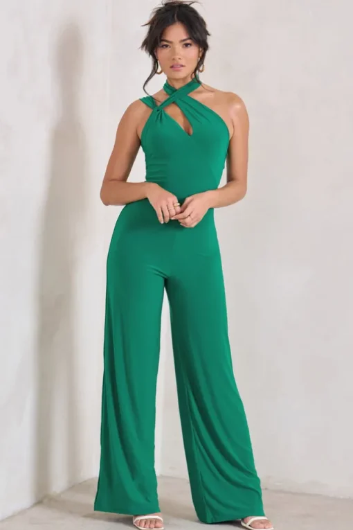 Tilly | Green Cut Out Halterneck Asymmetrical Jumpsuit