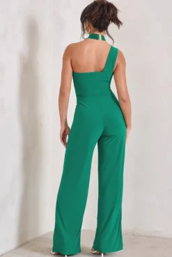 Tilly | Green Cut Out Halterneck Asymmetrical Jumpsuit