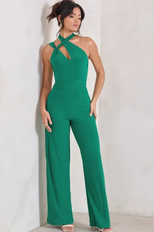 Tilly | Green Cut Out Halterneck Asymmetrical Jumpsuit