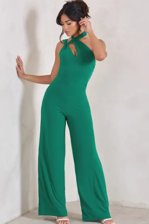 Tilly | Green Cut Out Halterneck Asymmetrical Jumpsuit