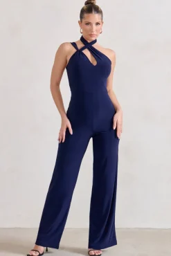 Tilly | Navy Cut Out Halterneck Asymmetrical Jumpsuit