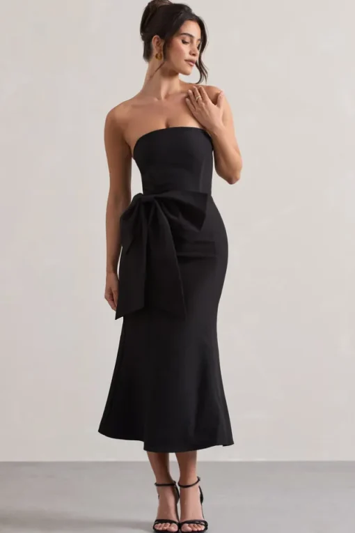 To Me | Black Bandeau Midi Dress With Oversized Bow