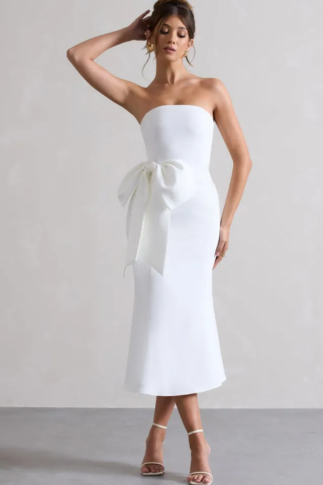 To Me | White Bandeau Midi Dress With Oversized Bow