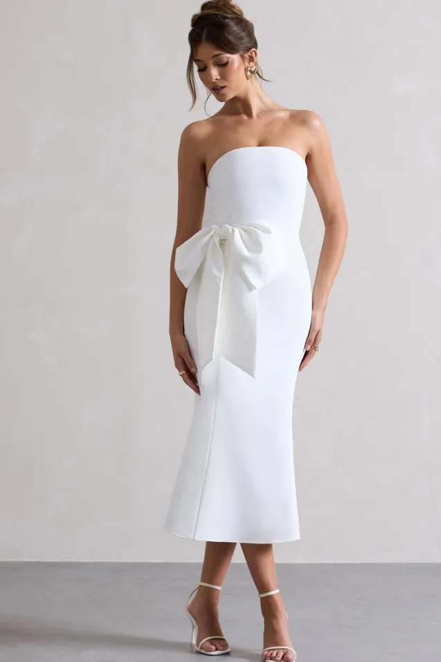To Me | White Bandeau Midi Dress With Oversized Bow