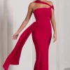 To The Max | Red Strappy Asymmetric Split Maxi Dress With Drape