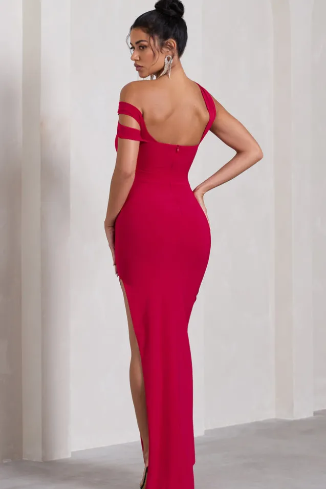 To The Max | Red Strappy Asymmetric Split Maxi Dress With Drape