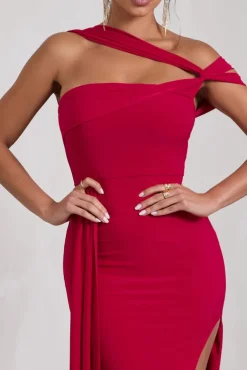 To The Max | Red Strappy Asymmetric Split Maxi Dress With Drape