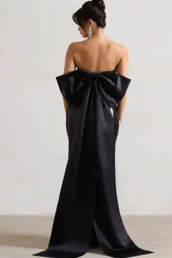 To You | Black Sequin Bandeau Split Maxi Dress With Oversized Bow
