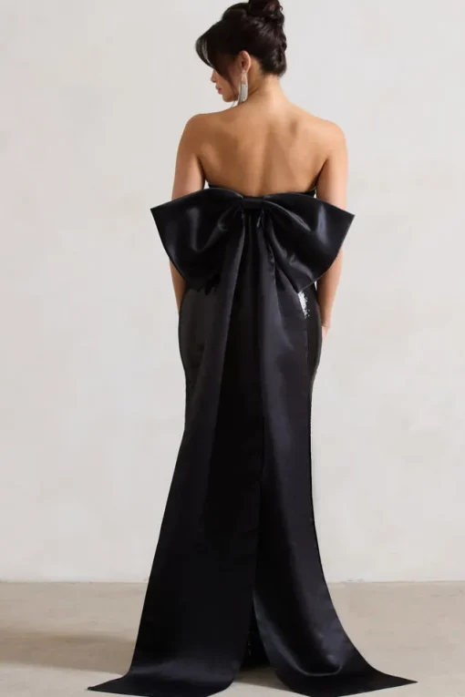 To You | Black Sequin Bandeau Split Maxi Dress With Oversized Bow
