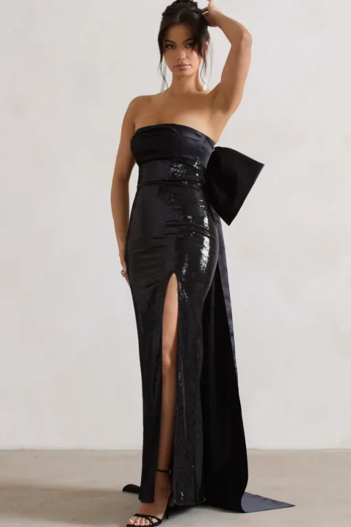 To You | Black Sequin Bandeau Split Maxi Dress With Oversized Bow