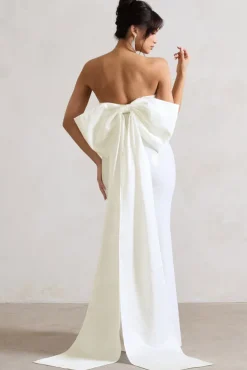 To You | White Sequin Bandeau Split Maxi Dress With Oversized Bow