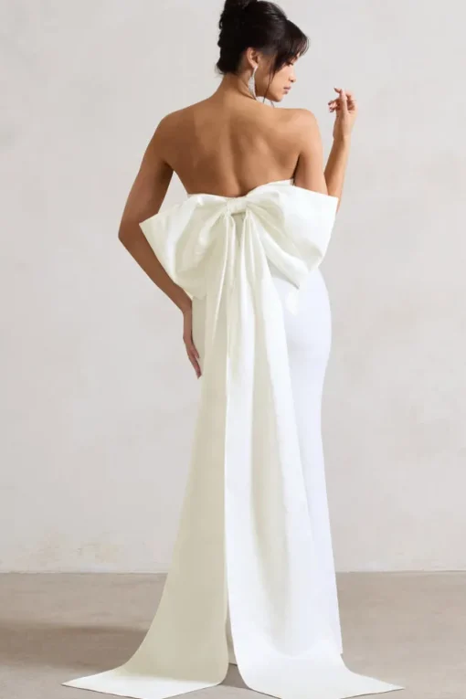 To You | White Sequin Bandeau Split Maxi Dress With Oversized Bow