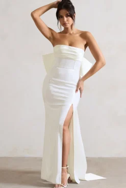To You | White Sequin Bandeau Split Maxi Dress With Oversized Bow