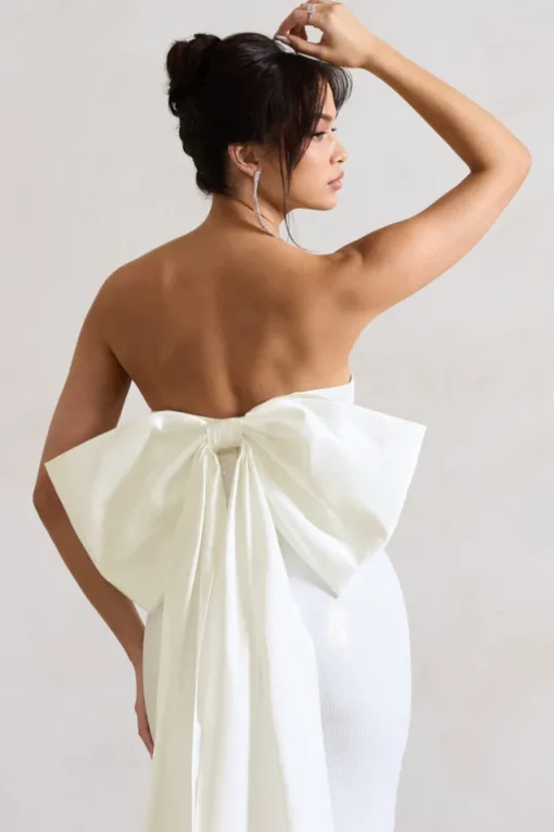 To You | White Sequin Bandeau Split Maxi Dress With Oversized Bow