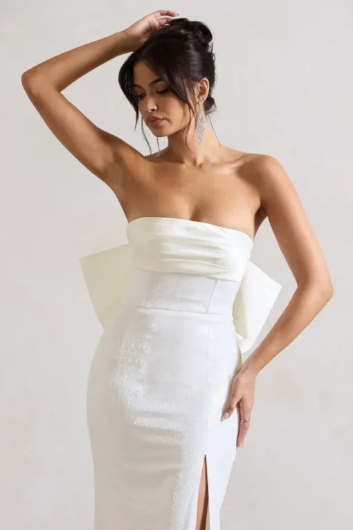 To You | White Sequin Bandeau Split Maxi Dress With Oversized Bow