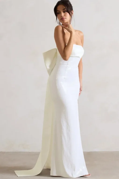 To You | White Sequin Bandeau Split Maxi Dress With Oversized Bow