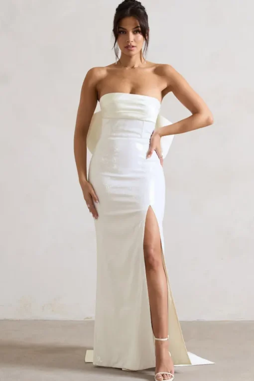 To You | White Sequin Bandeau Split Maxi Dress With Oversized Bow