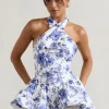 Tonya | Blue Floral Print Tailored Halter-Neck Peplum Top