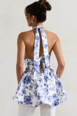 Tonya | Blue Floral Print Tailored Halter-Neck Peplum Top