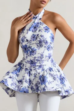 Tonya | Blue Floral Print Tailored Halter-Neck Peplum Top
