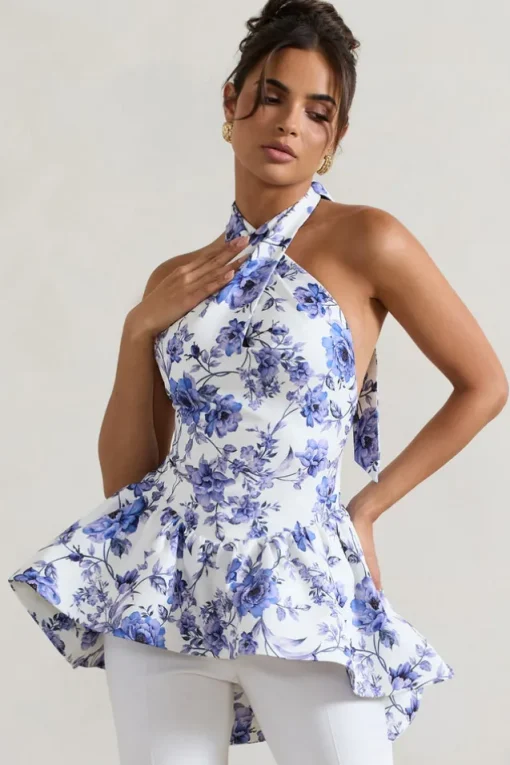 Tonya | Blue Floral Print Tailored Halter-Neck Peplum Top