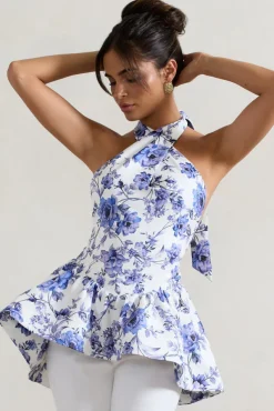 Tonya | Blue Floral Print Tailored Halter-Neck Peplum Top
