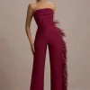 Topic Of Talk | Burgundy Strapless Bandeau Wide-Leg Jumpsuit With Feather Trim