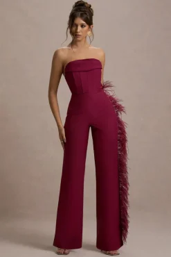 Topic Of Talk | Burgundy Strapless Bandeau Wide-Leg Jumpsuit With Feather Trim