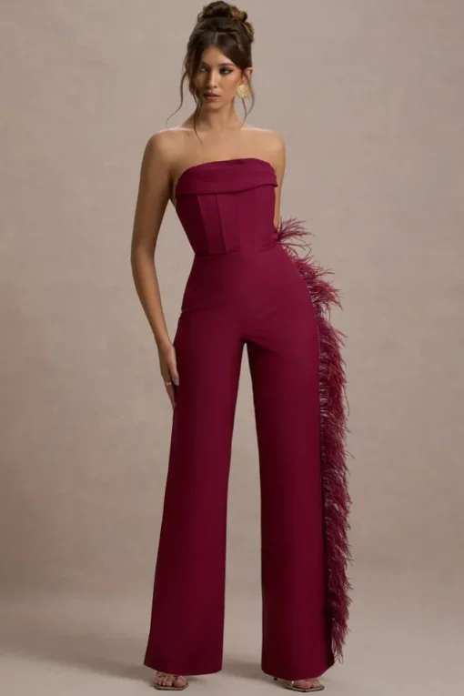 Topic Of Talk | Burgundy Strapless Bandeau Wide-Leg Jumpsuit With Feather Trim