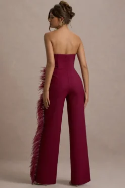 Topic Of Talk | Burgundy Strapless Bandeau Wide-Leg Jumpsuit With Feather Trim
