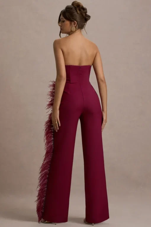 Topic Of Talk | Burgundy Strapless Bandeau Wide-Leg Jumpsuit With Feather Trim