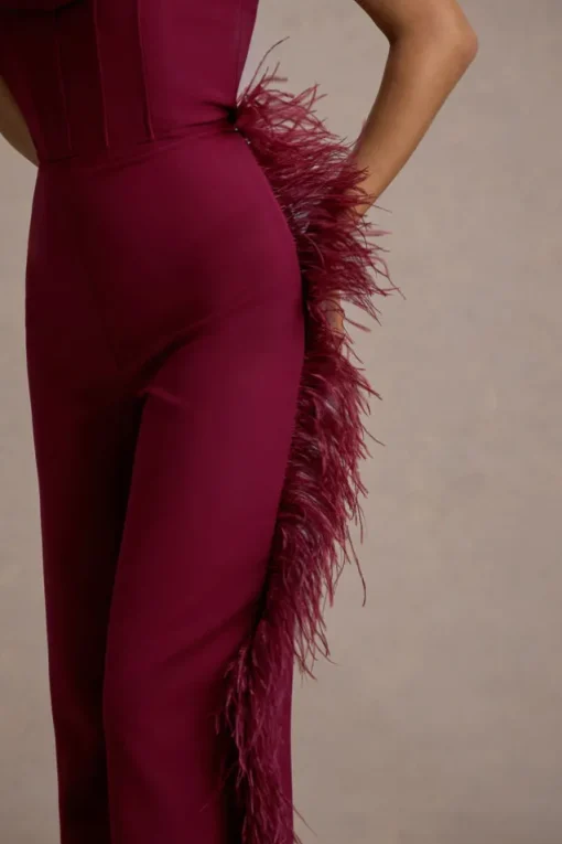 Topic Of Talk | Burgundy Strapless Bandeau Wide-Leg Jumpsuit With Feather Trim