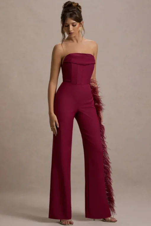 Topic Of Talk | Burgundy Strapless Bandeau Wide-Leg Jumpsuit With Feather Trim