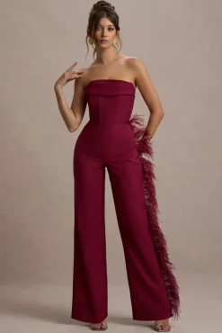 Topic Of Talk | Burgundy Strapless Bandeau Wide-Leg Jumpsuit With Feather Trim