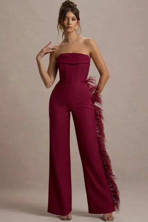 Topic Of Talk | Burgundy Strapless Bandeau Wide-Leg Jumpsuit With Feather Trim