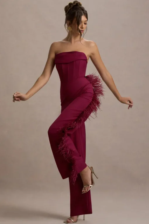 Topic Of Talk | Burgundy Strapless Bandeau Wide-Leg Jumpsuit With Feather Trim